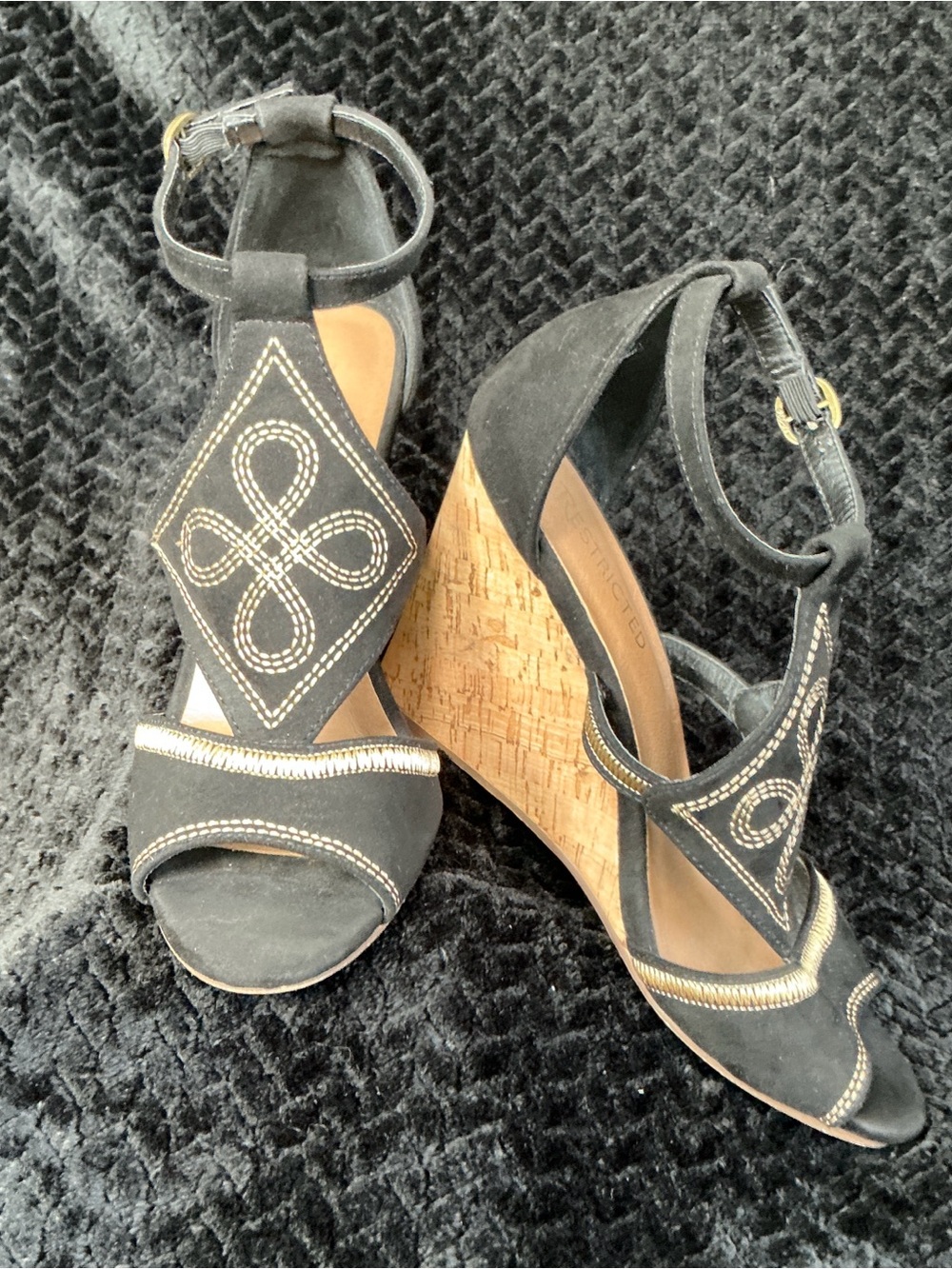 Restricted Black Suede Cork Wedge Sandals